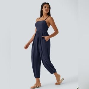 Halara NWT Spaghetti Strap Backless Lace Up Side Pocket Resort Jumpsuit Size L